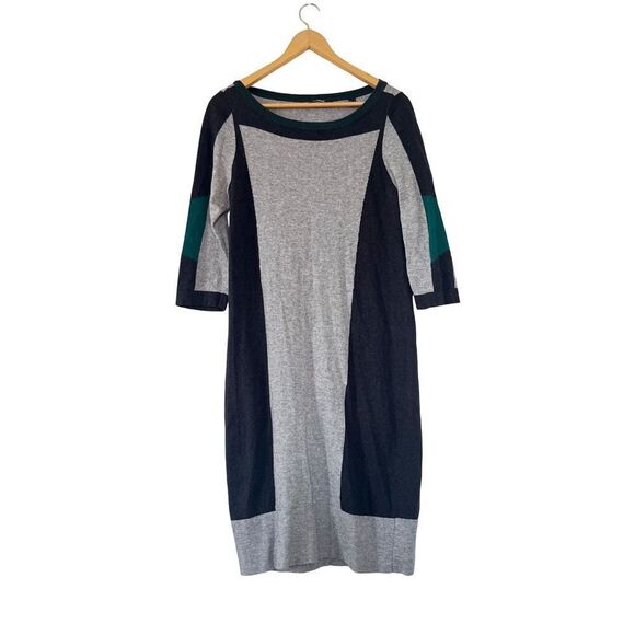 Mexx Grey Green Color Block 3/4 Sleeves Midi Wool Cotton Blend Sweater Dress - Picture 1 of 6